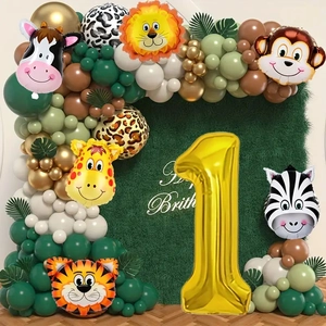 Kit ballons safari jungle avec chiffre 1, têtes d'animaux et arche de ballons verte