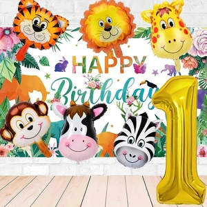 Kit Ballons Animaux de la Jungle 32 Pouces avec Tigre Lion Zèbre et Chiffre 1 Doré