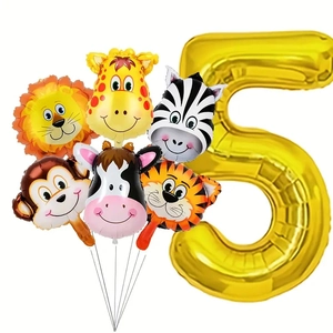 Détail de l'ensemble de ballons animaux jungle pour 5ème anniversaire avec lion et chiffre 5