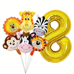 Lot de 6 ballons animaux de la jungle et un grand ballon chiffre 8 doré en alu
