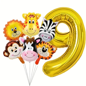 Kit ballon chiffre 9 doré avec six ballons têtes d'animaux pour fête d'anniversaire