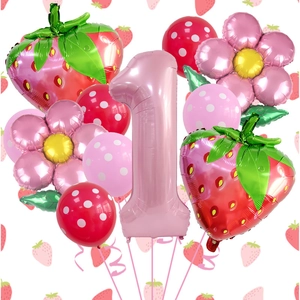 Aardbei en bloem folieballonnen set voor de eerste verjaardag van een meisje decor