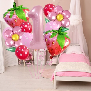 Roze nummer een aardbei en bloem folieballonnen set voor eerste verjaardag decoratie kind