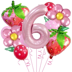 Roze cijfer 6 ballon set met grote aardbei en bloem folieballonnen voor feestjes
