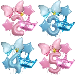 Aluminum Foil Crown Number Balloon Set Polka Dot Bowknot For Kids Birthday Party Baby Shower Decoration Pink Blue Star Crown Balloons