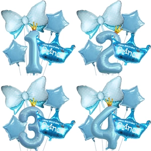 Detail view of 40-inch blue crown number balloon sets for boy baby shower party decor