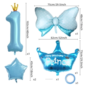 Blue 40-inch number 1 balloon set with crown and bow details for a boy's birthday