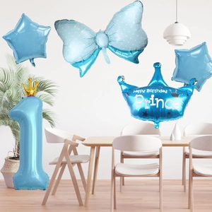 Blue 40-inch crown number 1 and bow balloon set for boys' birthday party decoration