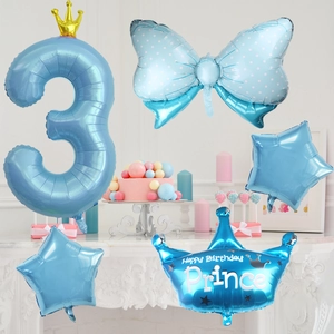Blue number 3 balloon set with crown and bow for boy's 3rd birthday party decor