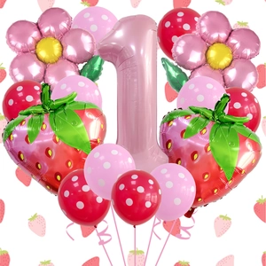 Detail of pink number 1 balloon with strawberry and flower foil shapes for 1st birthday