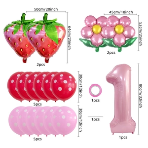 17pcs strawberry 1st birthday balloon set with pink number one and floral foil balloons