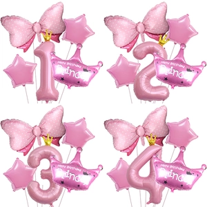 Pink birthday party balloon set with crown number and bow-knot foil decorations
