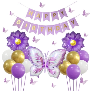 Purple Butterfly Birthday Party Decoration Foil And Latex Balloons Happy Birthday Banner Stickers For Kids Girls Photo Backdrop