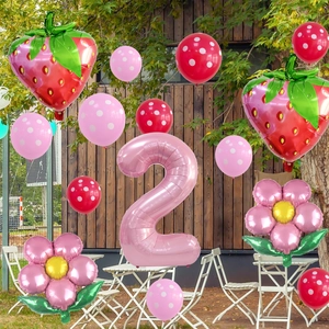 Strawberry and flower balloon set with pink number 2 for kids birthday party decor