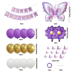 Purple and gold butterfly birthday party set with banner, balloons, and paper butterflies