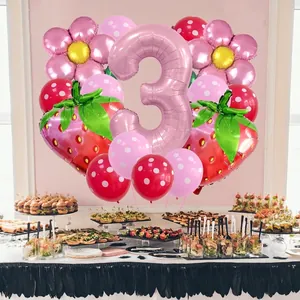 Strawberry-themed 3rd birthday balloon set with pink number 3 and floral accents