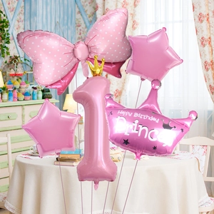 5-piece pink balloon set for first birthday with number 1 crown and polka dot bow