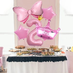 Pink 2nd birthday balloon set featuring number 2, crown, stars, and polka dot bow decoration