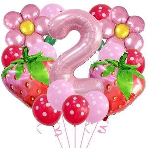 Strawberry birthday balloon set with number 2 and pink floral foil decorations