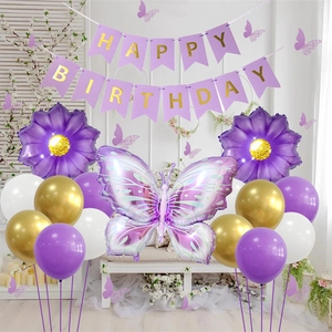 Purple butterfly birthday party decor set with floral balloons and happy birthday banner