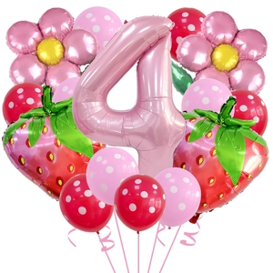 Close-up of strawberry and flower foil balloons with pink number 4 for birthday party