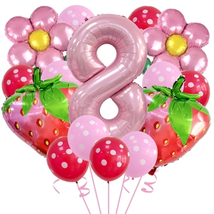 Pink number 8 foil balloon with strawberry and flower balloons for birthday party decor
