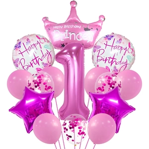 Pink and purple first birthday balloon set with crown and star foil balloons