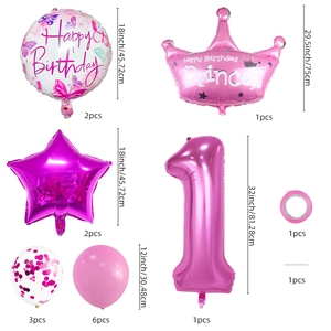 Pink 1st birthday crown balloon set with number 1 and stars for baby girls party