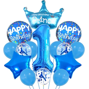 Blue 1st birthday balloon set with prince crown, number one, and blue confetti balloons