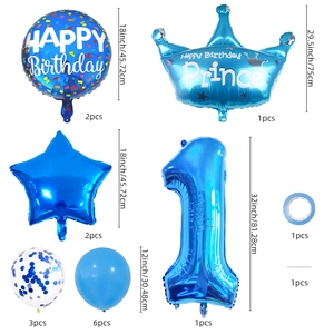 Blue 1st birthday balloon set with number 1, crown and star foil balloons for baby boys
