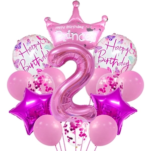 Pink crown number 2 balloon set with butterfly round foil for girl second birthday party