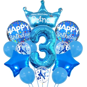 Detailed blue 3rd birthday balloon set with crown, star shapes and number three