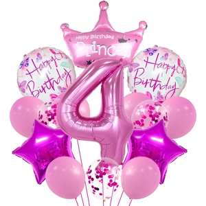 Detail of pink number 4 balloon set with crown and purple stars for princess party