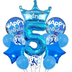 Detailed 5th birthday balloon set with blue crown, star, and confetti balloons for boys