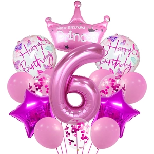 Detailed set of pink number 6 and crown balloons with star and butterfly motifs