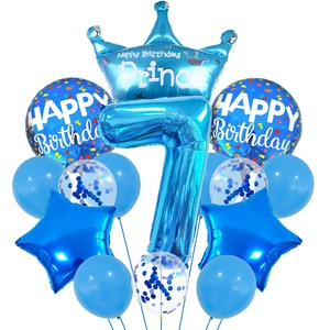 Blue 7th birthday balloon set with crown and star foil balloons on white background