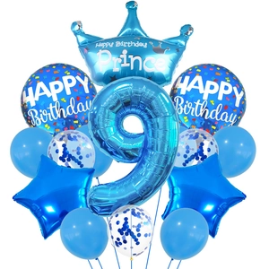 Close-up of blue number 9 balloon set with crown and confetti latex balloons for parties