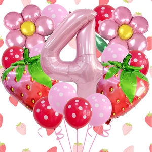 Strawberry Theme Birthday Party Balloon Decorations Aluminum Foil Pink Number Flower And Polka Dot Latex Balloons