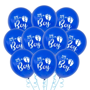 Close-up of dark blue latex balloons with white It's a Boy print and blue ribbons