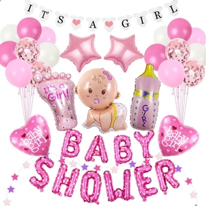 Décoration De Fête Baby Shower Révélation De Genre Ballons En Aluminium Latex Bannière Bouteille Empreinte Étoile Coeur Confettis Nouveau-Né Célébration