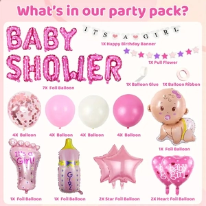 Kit de ballons Baby Shower rose et blanc avec ballons biberon et empreinte de pied