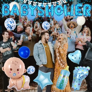 Détail de l'ensemble de ballons baby shower bleus avec motifs pieds et biberon