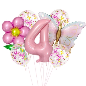 4th Birthday party balloon set with pink number 4, butterfly and daisy flower foil balloons