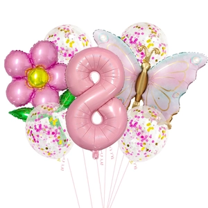 Pink number 8 balloon set with daisy and butterfly foil shapes for party decoration