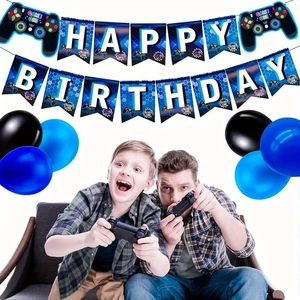 Kit décoration anniversaire thème jeu vidéo bleu avec ballons manette pour enfants