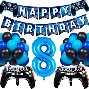 Décoration d'anniversaire Game On bleue avec ballons manette et bannière de fête