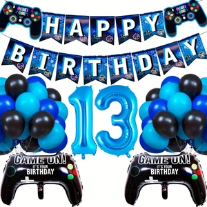 Kit déco 13 ans thème jeu vidéo avec ballons manettes et guirlande d'anniversaire