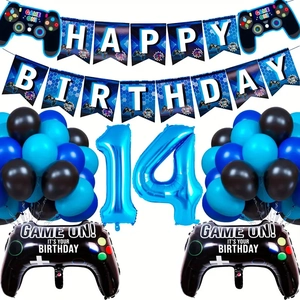 Détails du kit de décoration d'anniversaire bleu Game On avec ballons 14 et manettes