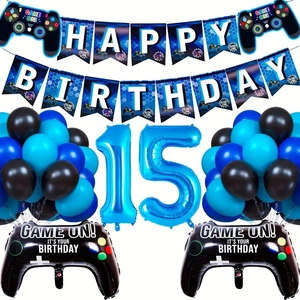 Kit fête jeu bleu avec ballon chiffre 15 et décorations de manettes de jeu en métal