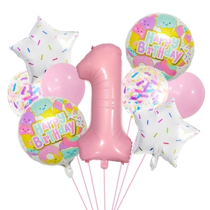 Detail of candy themed first birthday balloon set with 32 inch number one and ice cream motifs